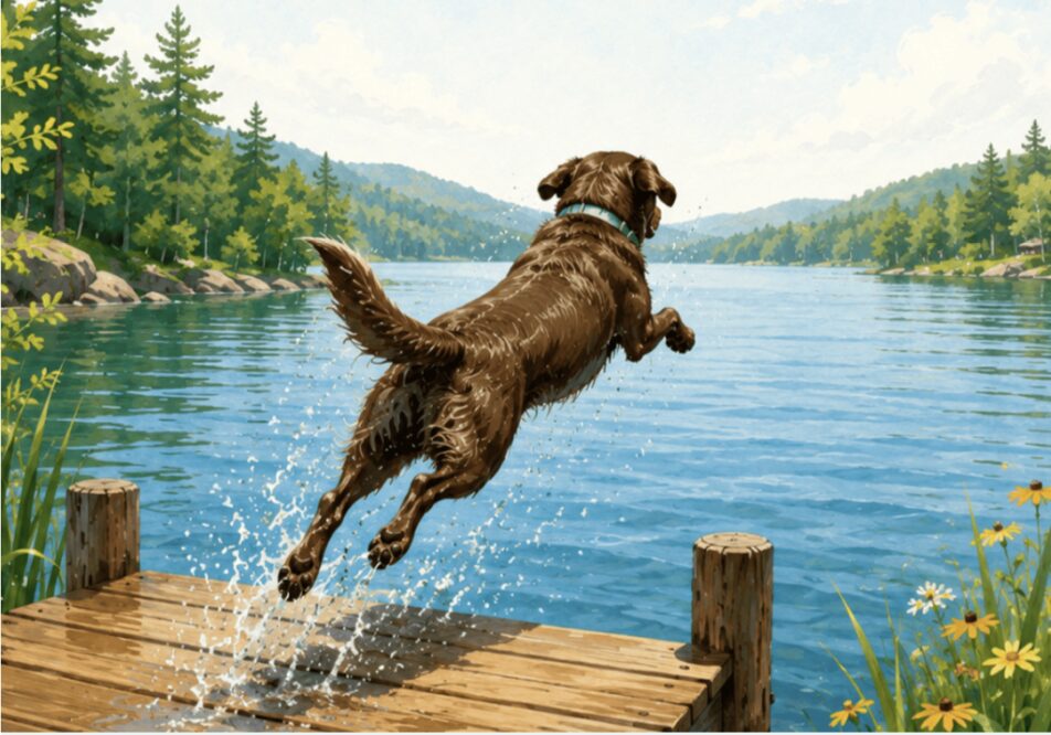 Dog diving into lake from dock