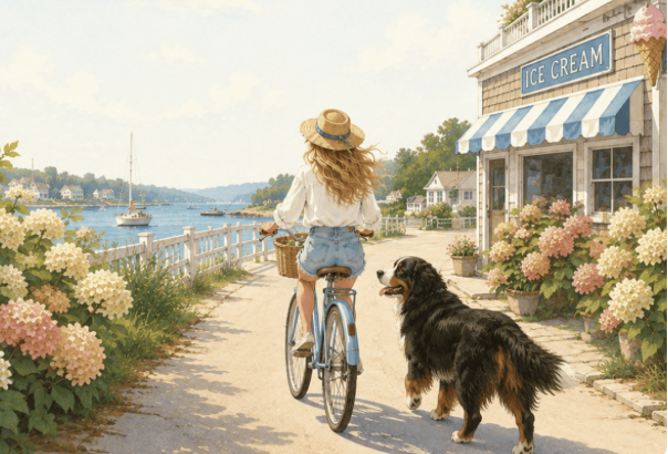 Girl on Bike with Dog