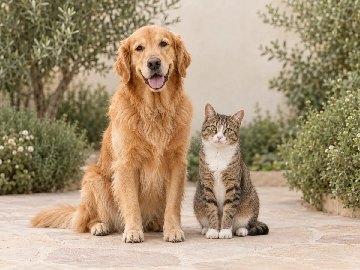 A golden retriever and a tabby-and-white cat sitting together on a sunny patio