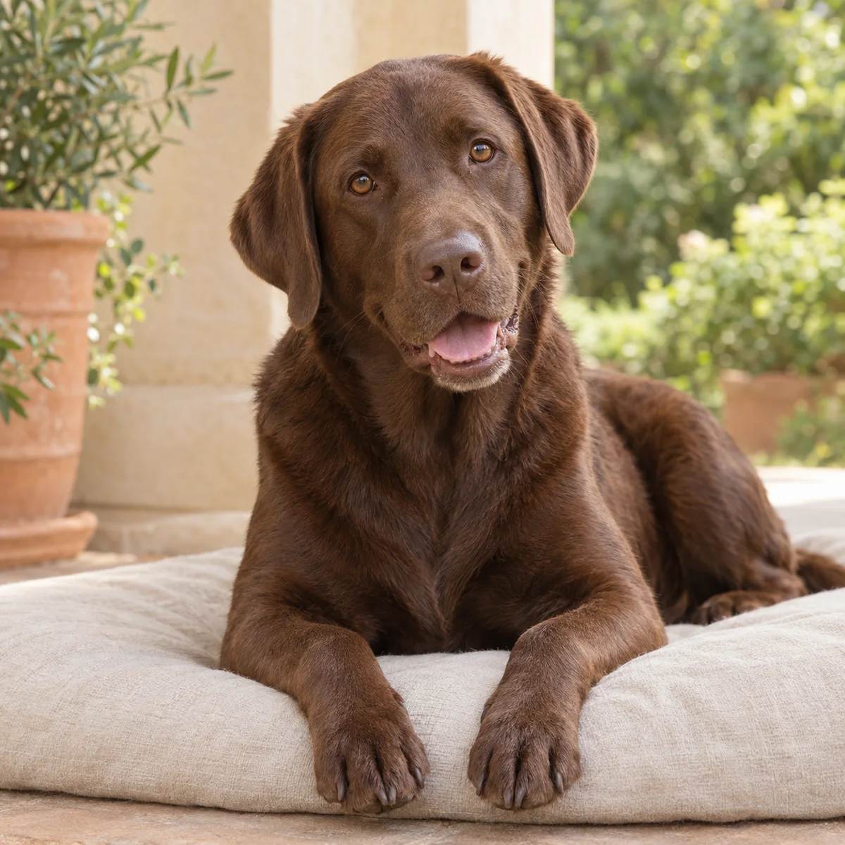 A relaxed chocolate Labrador with soft floppy ears resting on a cream mat