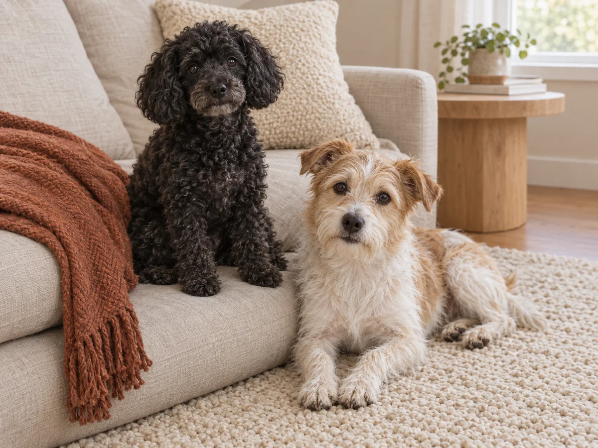 A black poodle and a cream-and-tan terrier relaxing beside a sofa at home
