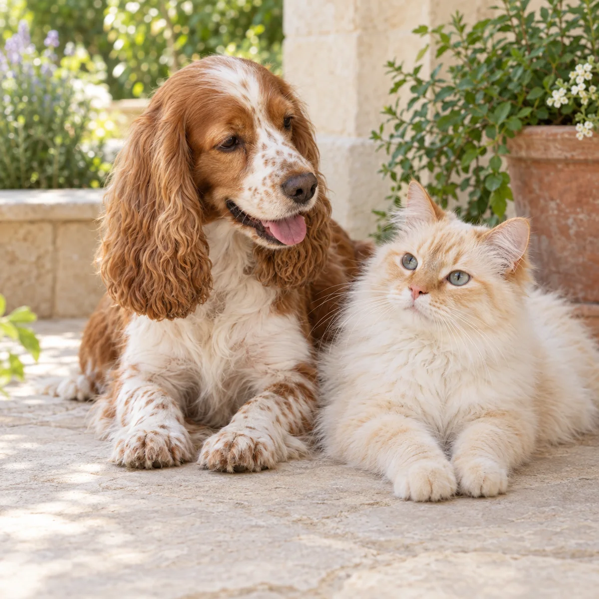 A chestnut-and-white spaniel relaxing beside a fluffy cream cat on a sunny garden porch
