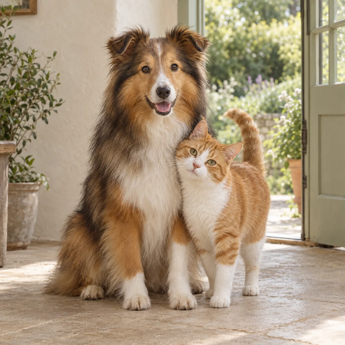 A sable-and-white Sheltie and an orange-and-white cat together by a bright garden doorway