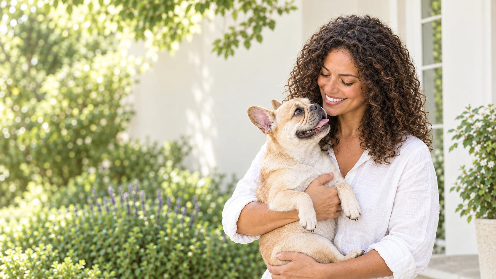 A curly-haired woman sharing an affectionate moment with a cream French bulldog in a bright garden